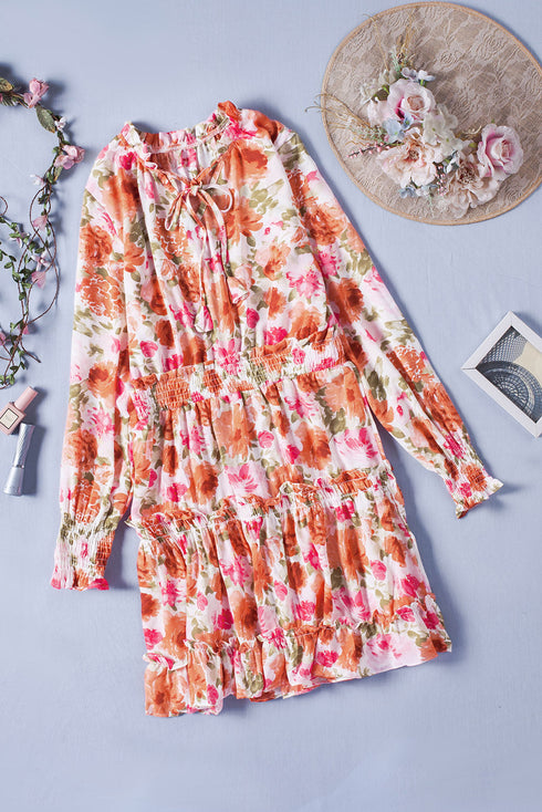 V Neck Long Sleeve Tie Waist Mini Dress